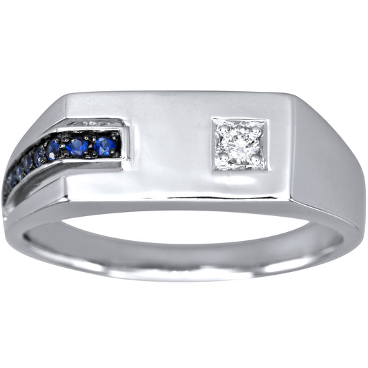 Gent's Off-Set Sapphire and Diamond Ring in 10K White Gold