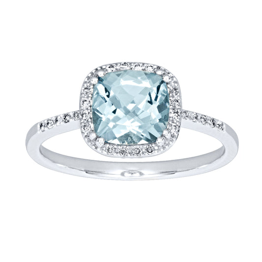 Cushion Cut Aquamarine Diamond Ring in 14K White Gold