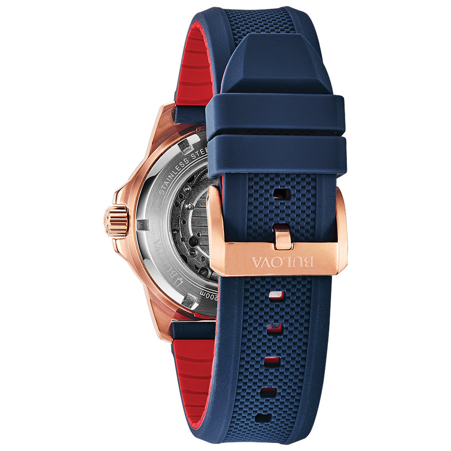 Bulova Mens Marine Star Watch In Rose Gold and Blue | 98A227