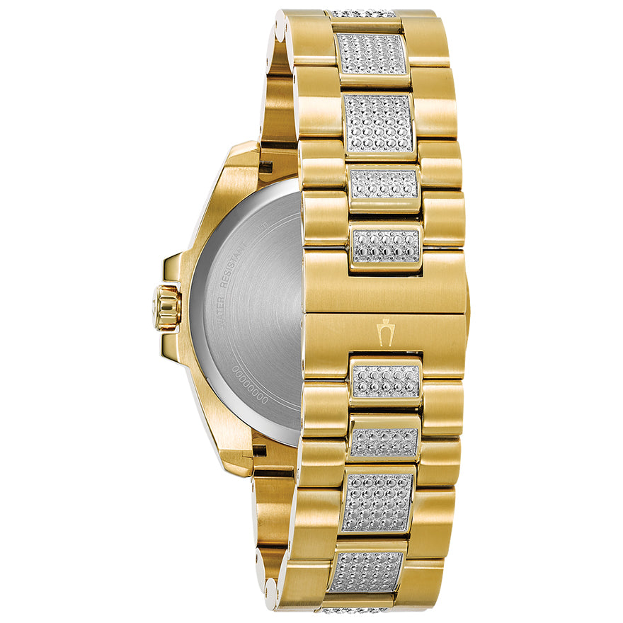Bulova Men's Crystal Blue Dial Gold Tone Watch | 98C128