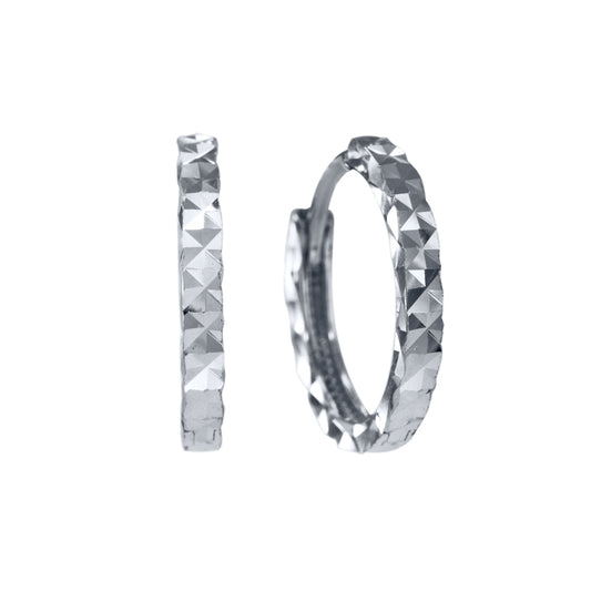 10K White Gold Hoop Earrings With Diamond Cut Pattern