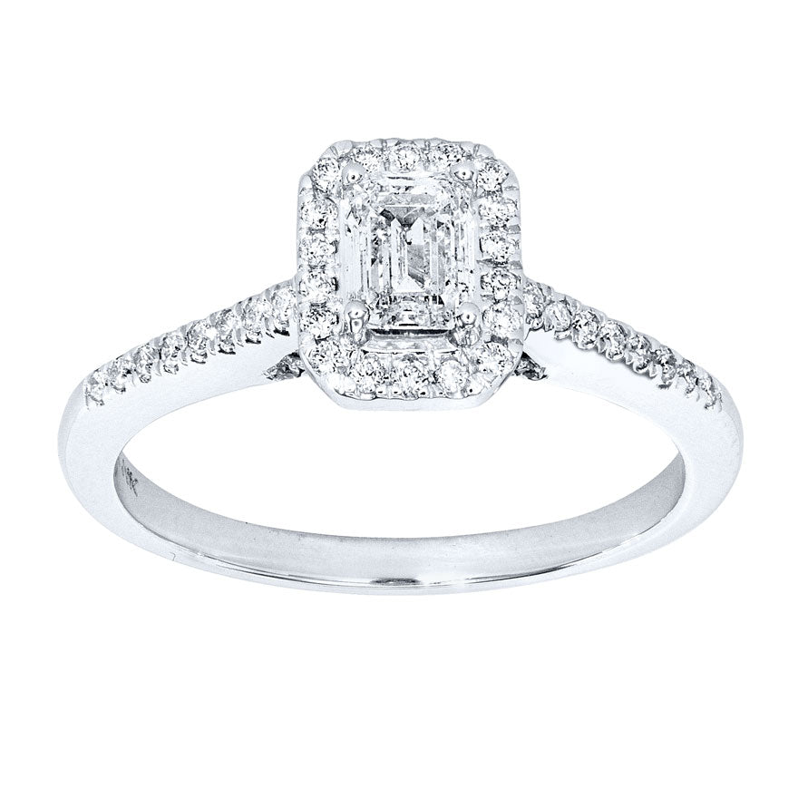 Emerald Cut Halo Diamond Engagement Ring in 14K White Gold (0.80 ct tw)