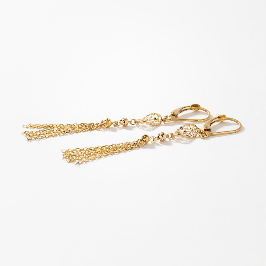 Open Leaf Tassel Drop Earrings in 10K Yellow Gold