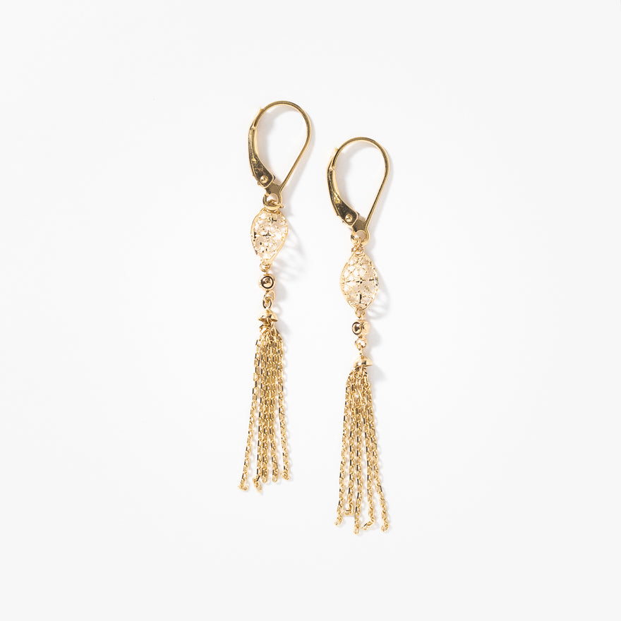 Open Leaf Tassel Drop Earrings in 10K Yellow Gold