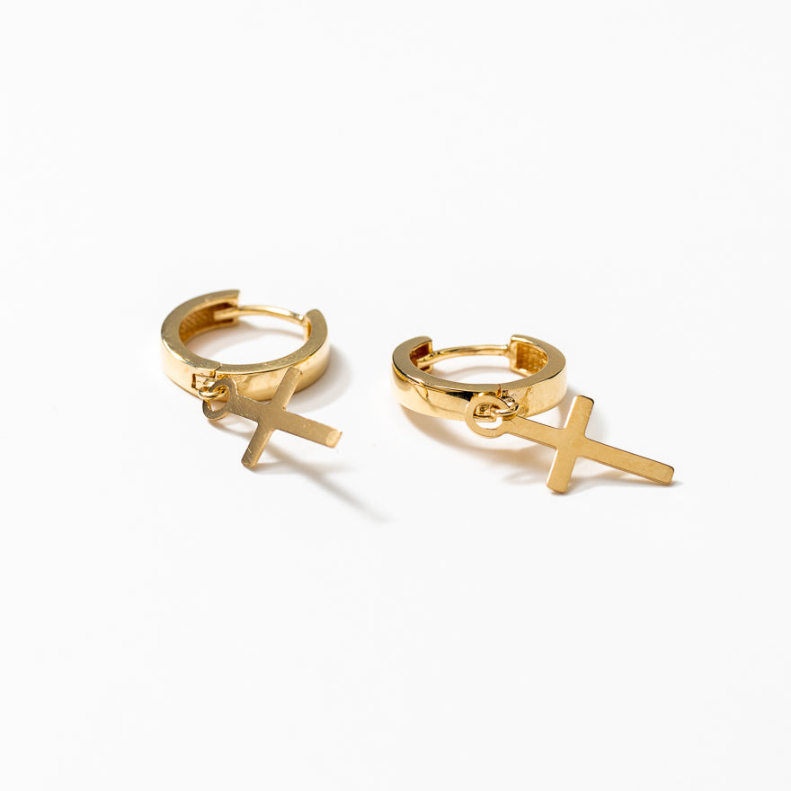 Dangle Cross Hoop Earrings in 10K Yellow Gold