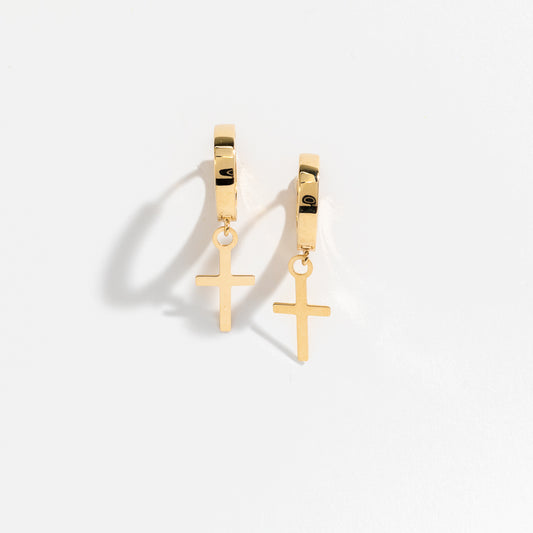 Dangle Cross Hoop Earrings in 10K Yellow Gold