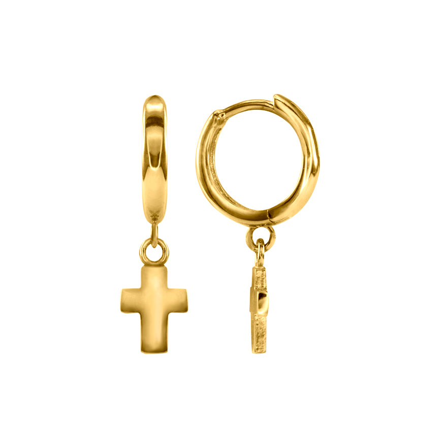 Dangle Cross Hoop Earrings in 10K Yellow Gold