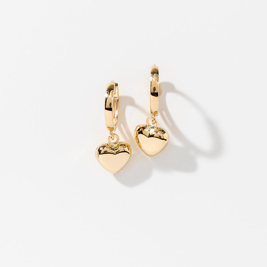 Dangle Heart Hoop Earrings in 10K Yellow Gold
