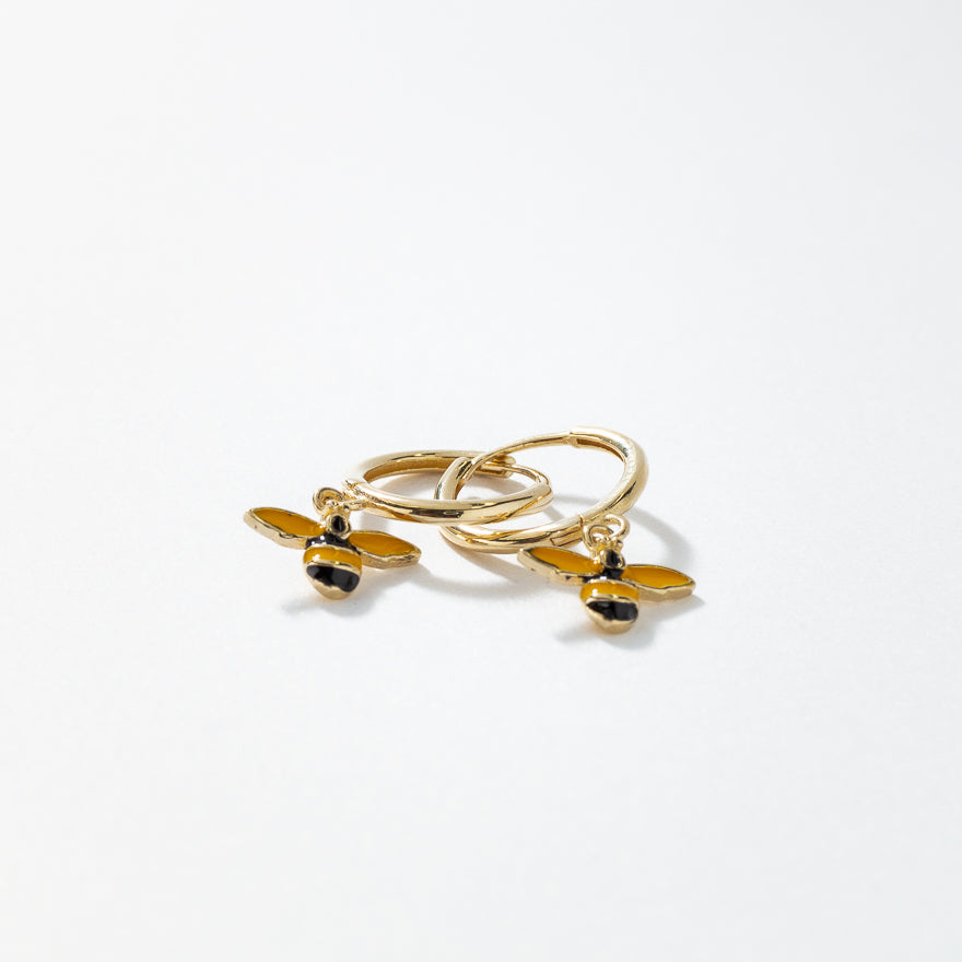 Bee Dangle Hoop Earrings in 10K Yellow Gold