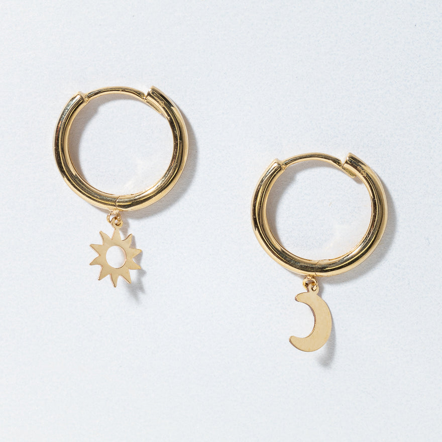 Asymmetrical Dangling Sun and Moon Hoop Earrings in 10K Yellow Gold
