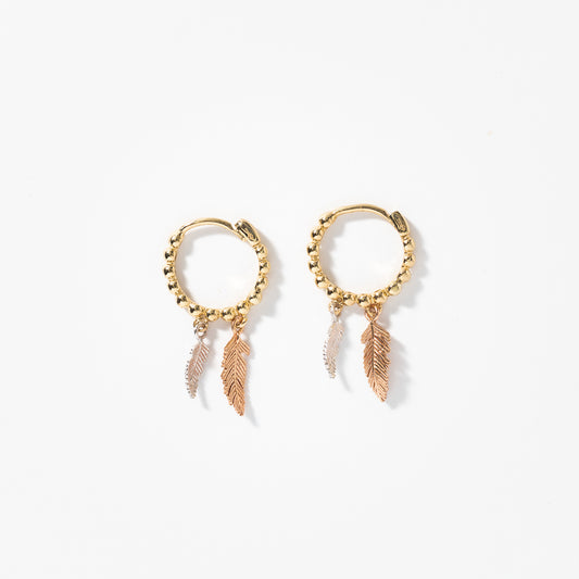 Beaded Hoop Earrings With Feather Charm In 10K Yellow, White and Rose Gold