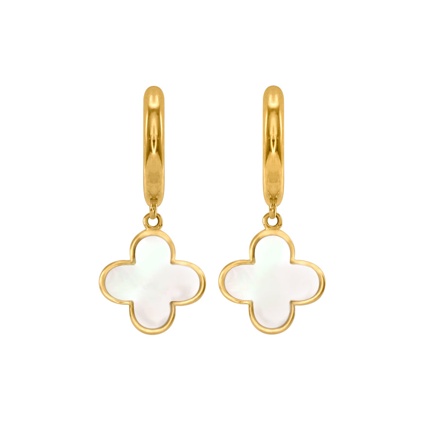 Flower Hoop Earrings With Mother Of Pearl in 10K Yellow Gold