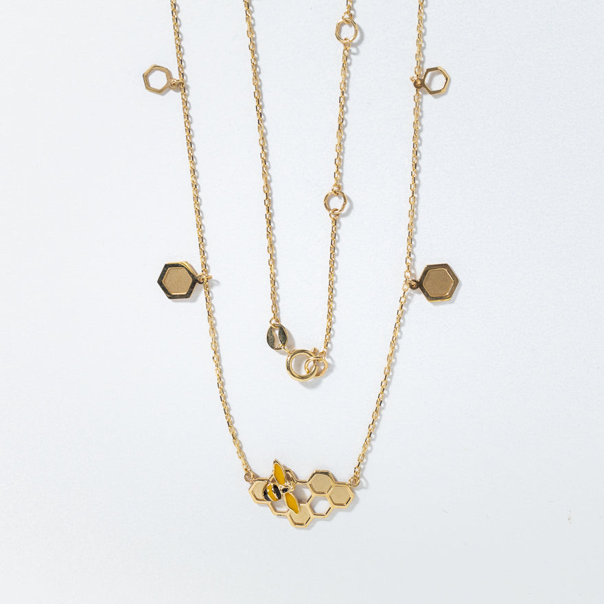 Honeycomb and Bee Pendant Necklace in 10K Yellow Gold