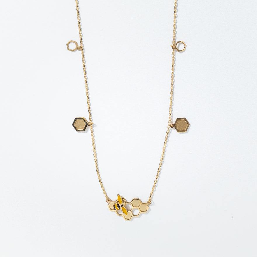 Honeycomb and Bee Pendant Necklace in 10K Yellow Gold