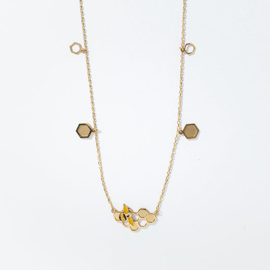 Honeycomb and Bee Pendant Necklace in 10K Yellow Gold