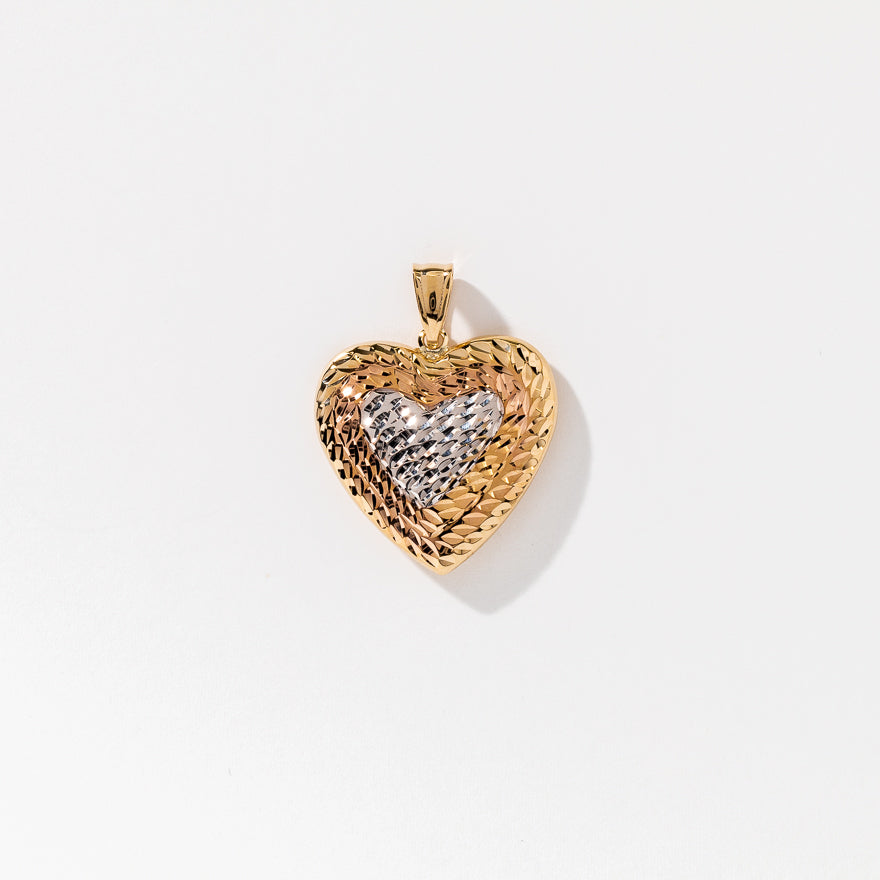 Puff Heart Pendant in 10K Rose White and Yellow Gold