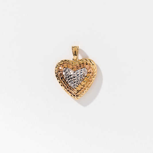 Puff Heart Pendant in 10K Rose White and Yellow Gold