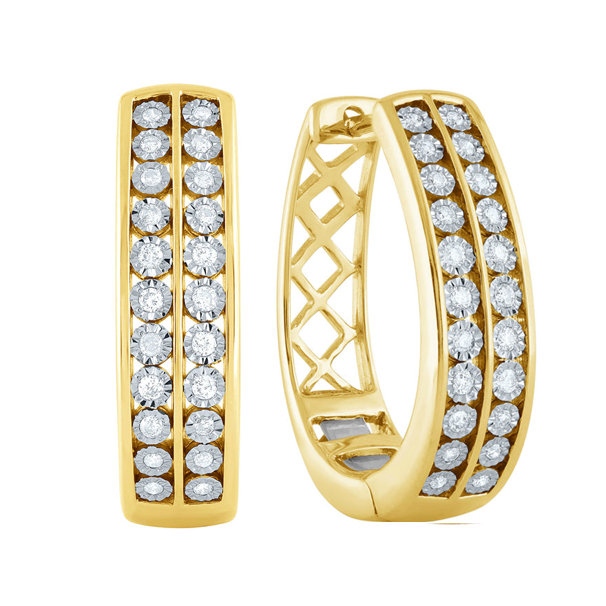 Diamond Cluster Hoop Earrings with Spring Hinge in 10K Yellow and White Gold (0.25 ct tw)