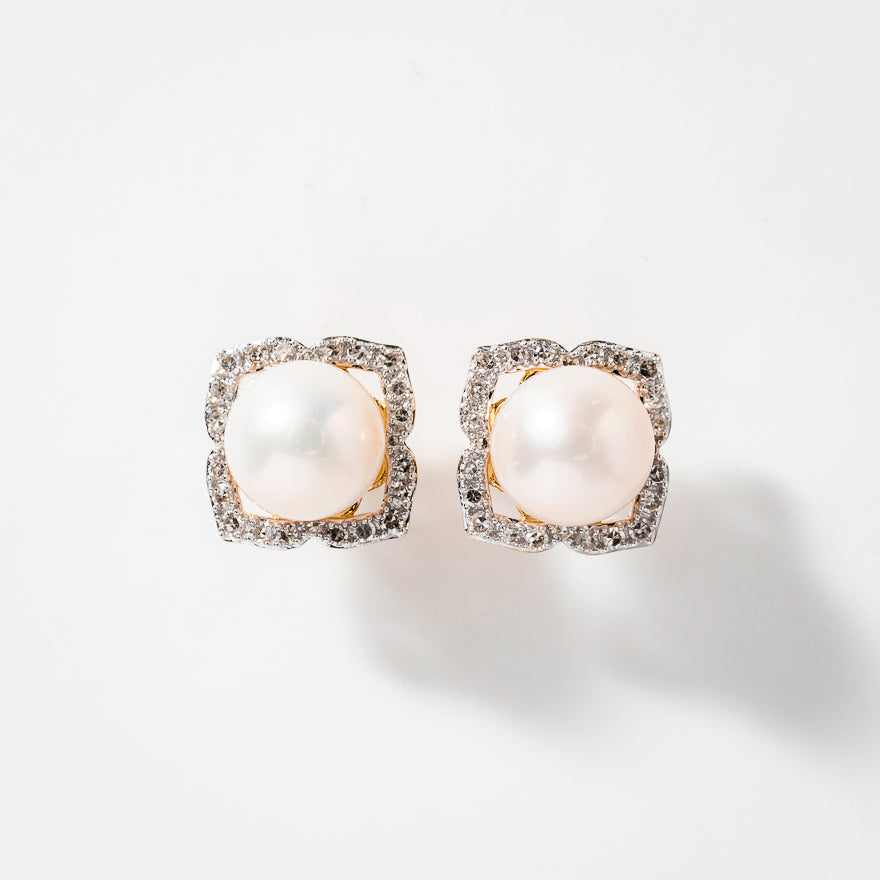 Pearl Earrings with Diamond Accents in 10K Yellow Gold
