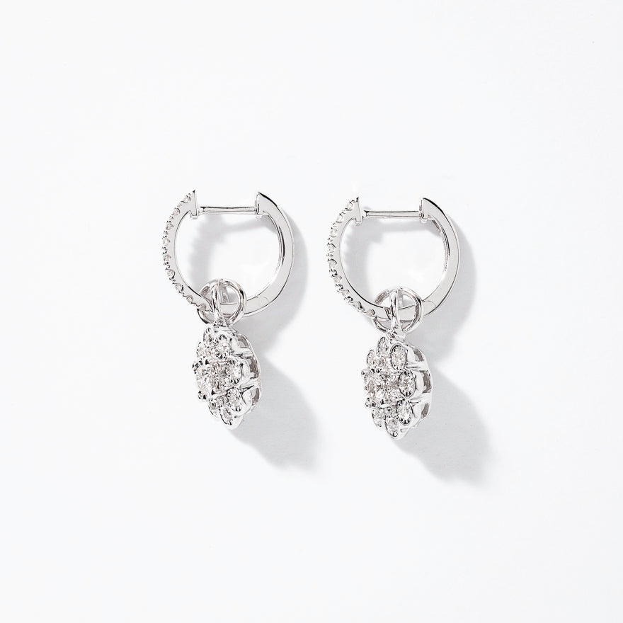 Diamond Hoop Earrings With Removable Flower Charm in 10K White Gold (0.88 ct tw)