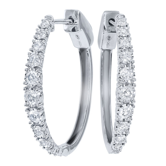 -Fara- Diamond Oval Shape Hoop Earrings In 10K White Gold (0.50 ct tw)