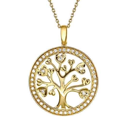 Family Tree Circle Diamond Pendant Necklace in 10K Yellow Gold (0.16ct tw)