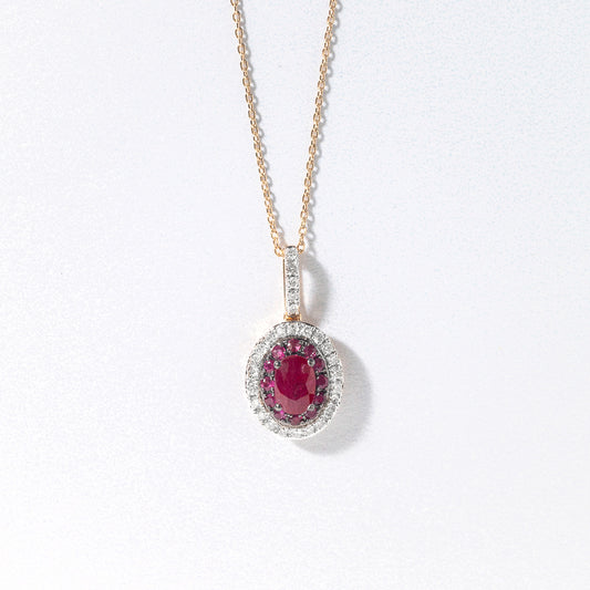 Double Halo Ruby and Diamond Pendant Necklace in 10K Yellow Gold
