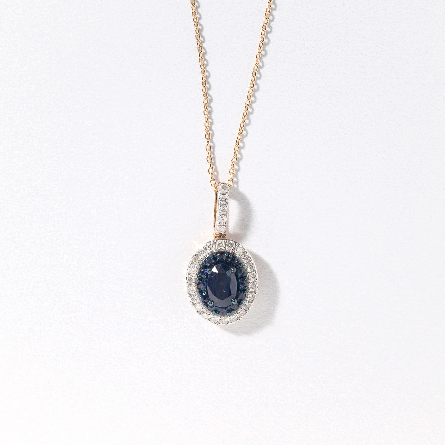 Double Halo Sapphire and Diamond Pendant Necklace in 10K Yellow