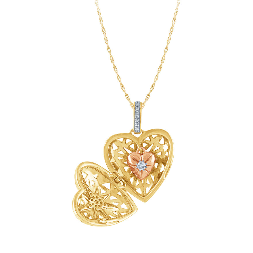 Heart Shaped Locket with Diamond Accents in 10K Yellow and Rose Gold (0.16 ct tw)