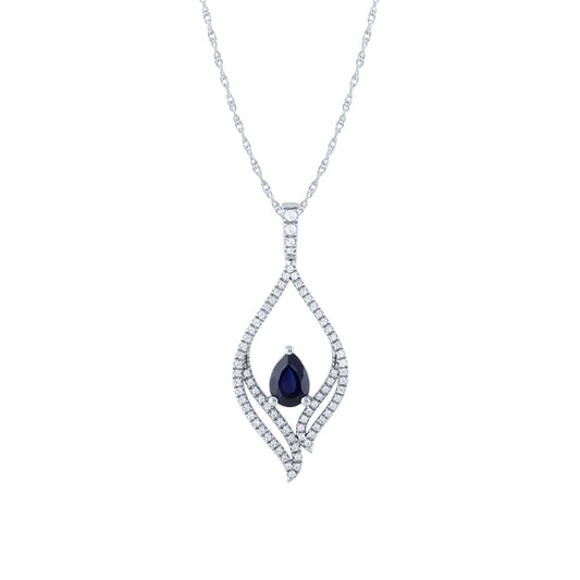 Pear Shape Sapphire and Diamond Pendant Necklace in 10K White Gold