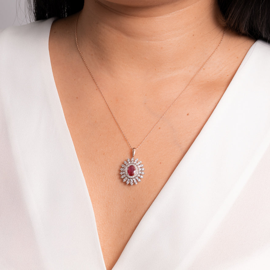 Ruby and Diamond Pendant Necklace in 14K Rose and White Gold