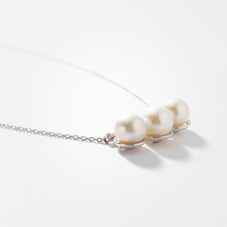 Triple Pearl and Diamond Necklace in 10K White Gold
