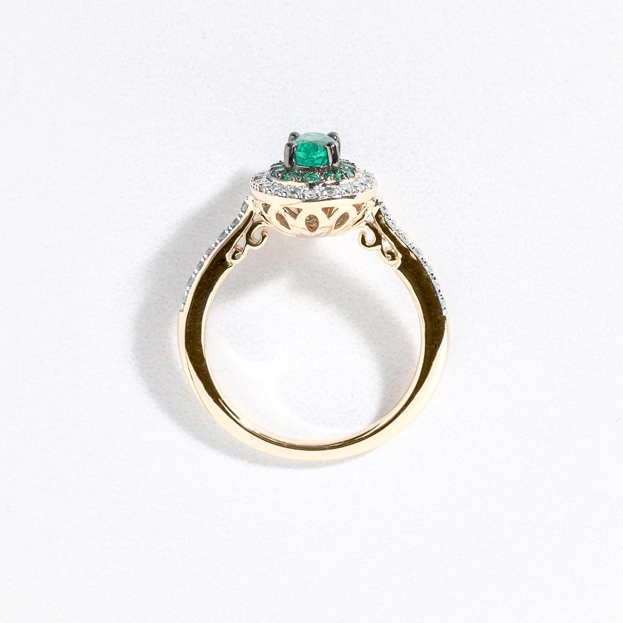 Double Halo Emerald and Diamond Ring 10K Yellow Gold