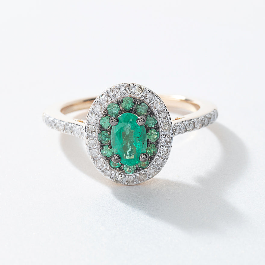 Double Halo Emerald and Diamond Ring 10K Yellow Gold