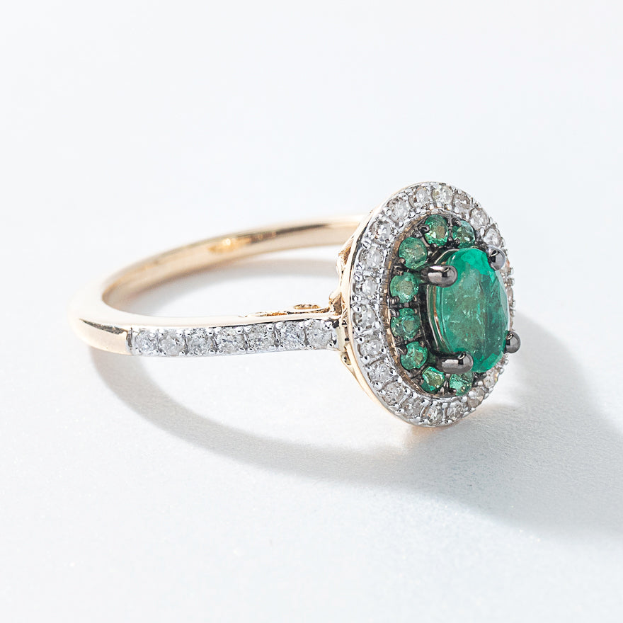 Double Halo Emerald and Diamond Ring 10K Yellow Gold