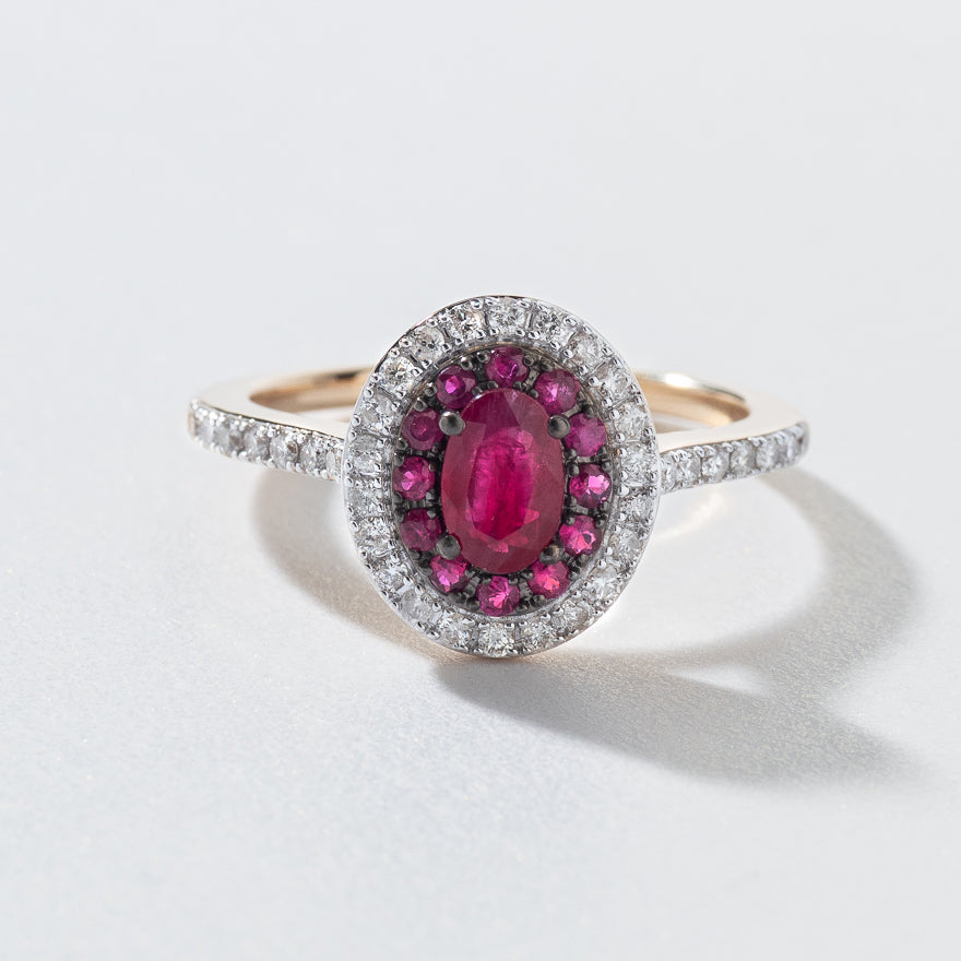 Double Halo Ruby and Diamond Ring in 10K Yellow Gold