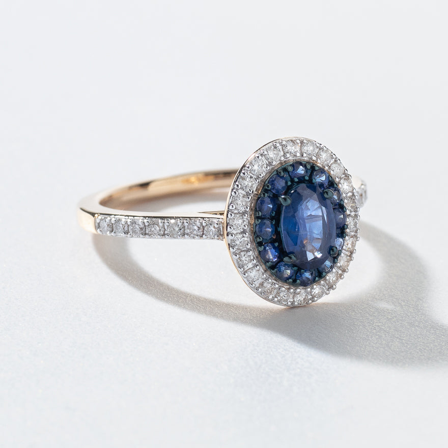 Double Halo Sapphire and Diamond Ring in 10K Yellow Gold