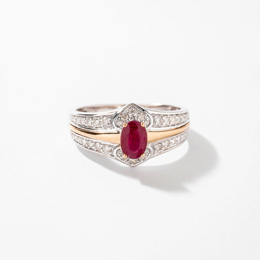 Oval Ruby Ring with Diamond Accents in 10K Yellow and White Gold