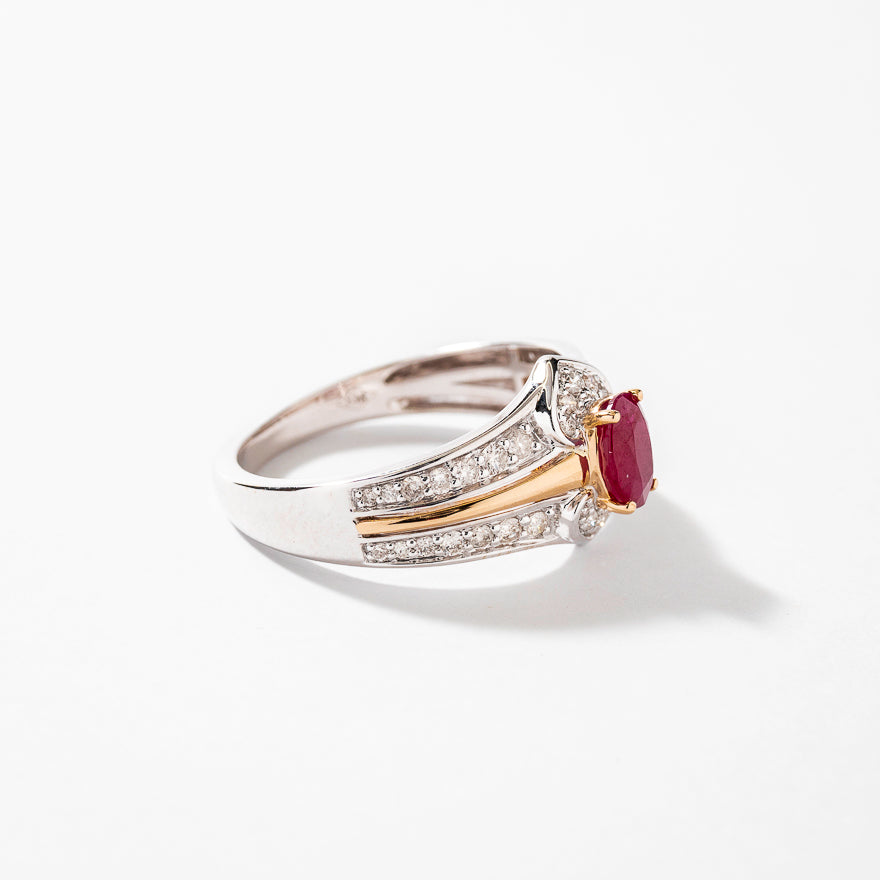 Oval Ruby Ring with Diamond Accents 10K Yellow and White Gold