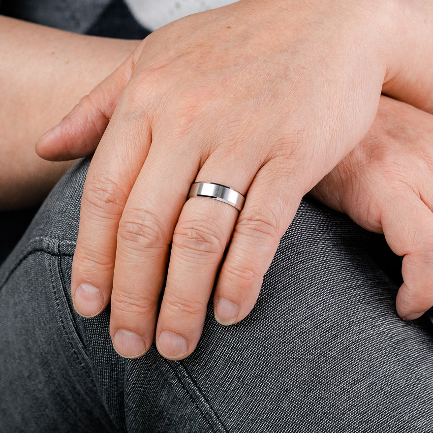 Mens Comfort Fit Wedding Band with Brush Finish in 14K White Gold