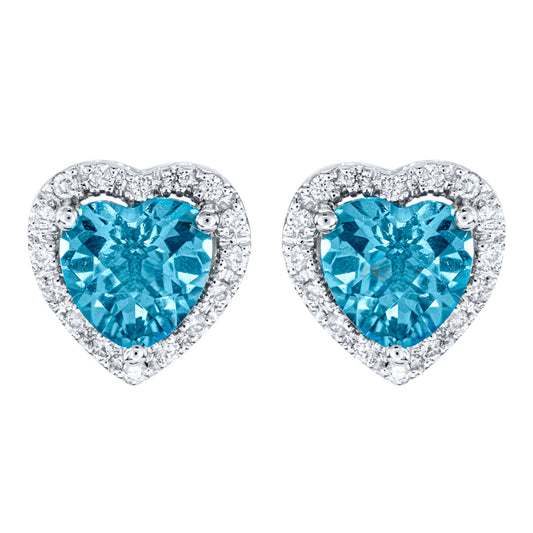 Heart Shape Blue Topaz and Diamond Earrings in 14K White Gold
