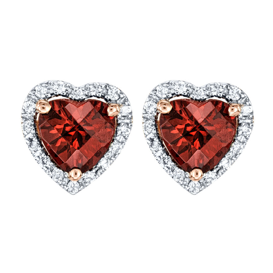 Heart Shape Garnet and Diamond Earrings in 14K Rose Gold