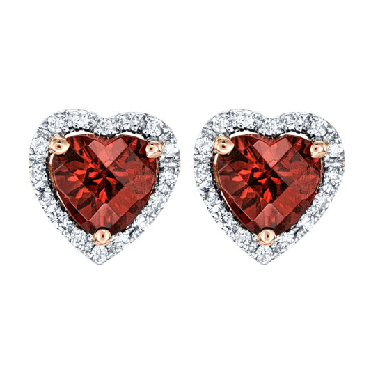 Heart Shape Garnet and Diamond Earrings in 14K Rose Gold
