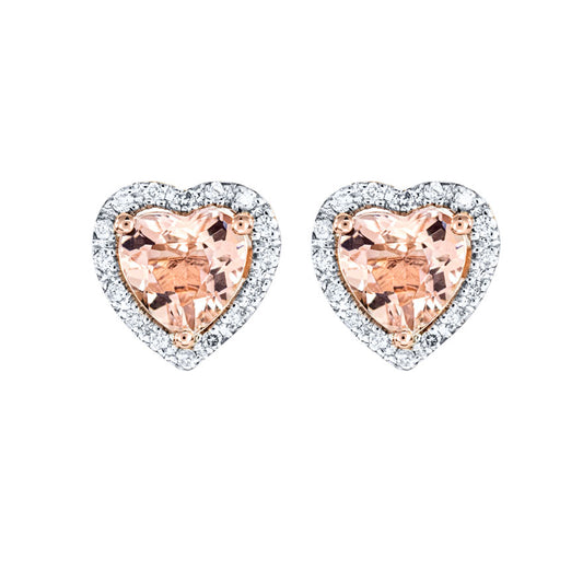 Heart Shape Morganite and Diamond Earrings in 14K Rose Gold (0.10ct tw)