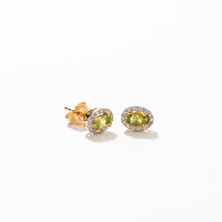 Oval Peridot and Diamond Halo Earrings in 14K Yellow Gold