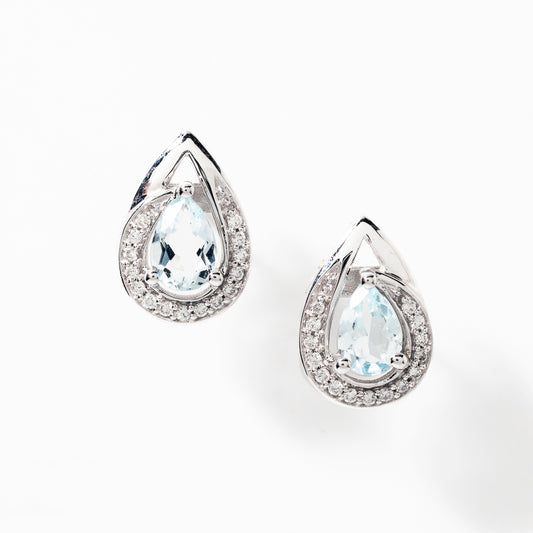 Pear Shape Aquamarine Earrings With Diamond Accents in 10K White Gold