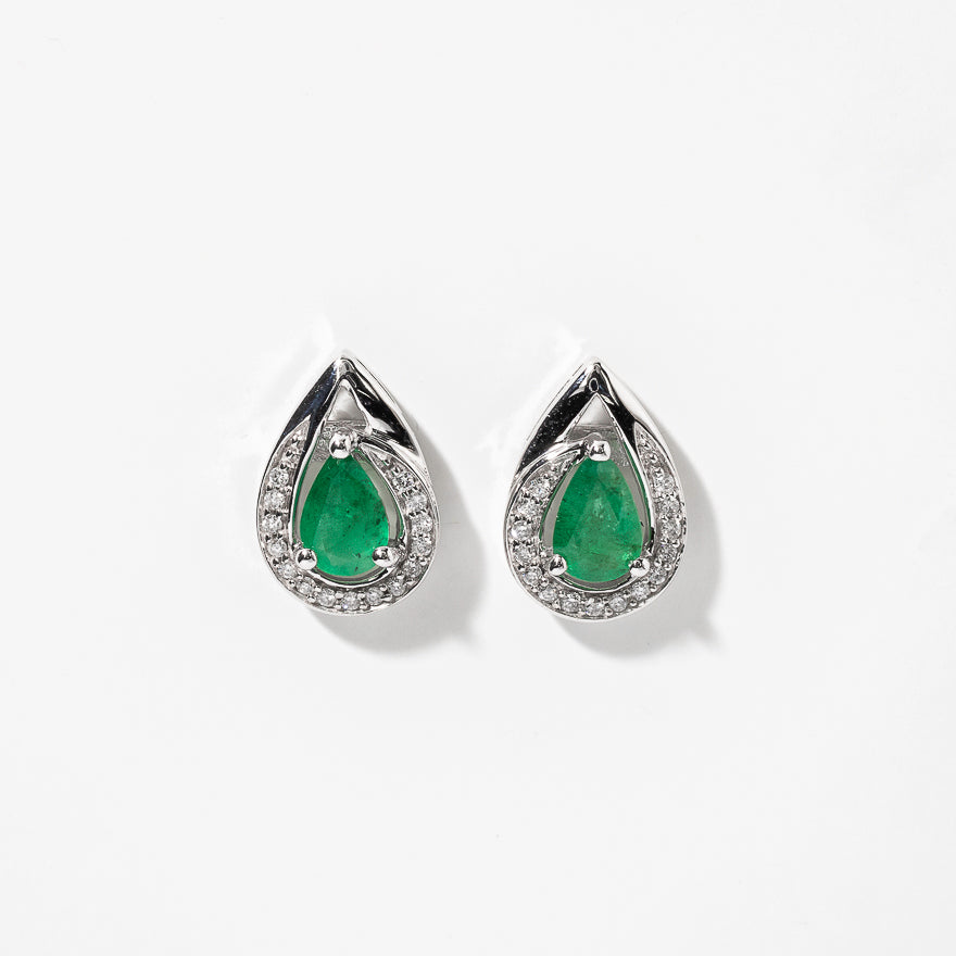 Pear Shape Emerald and Diamond Earrings in 10K White Gold