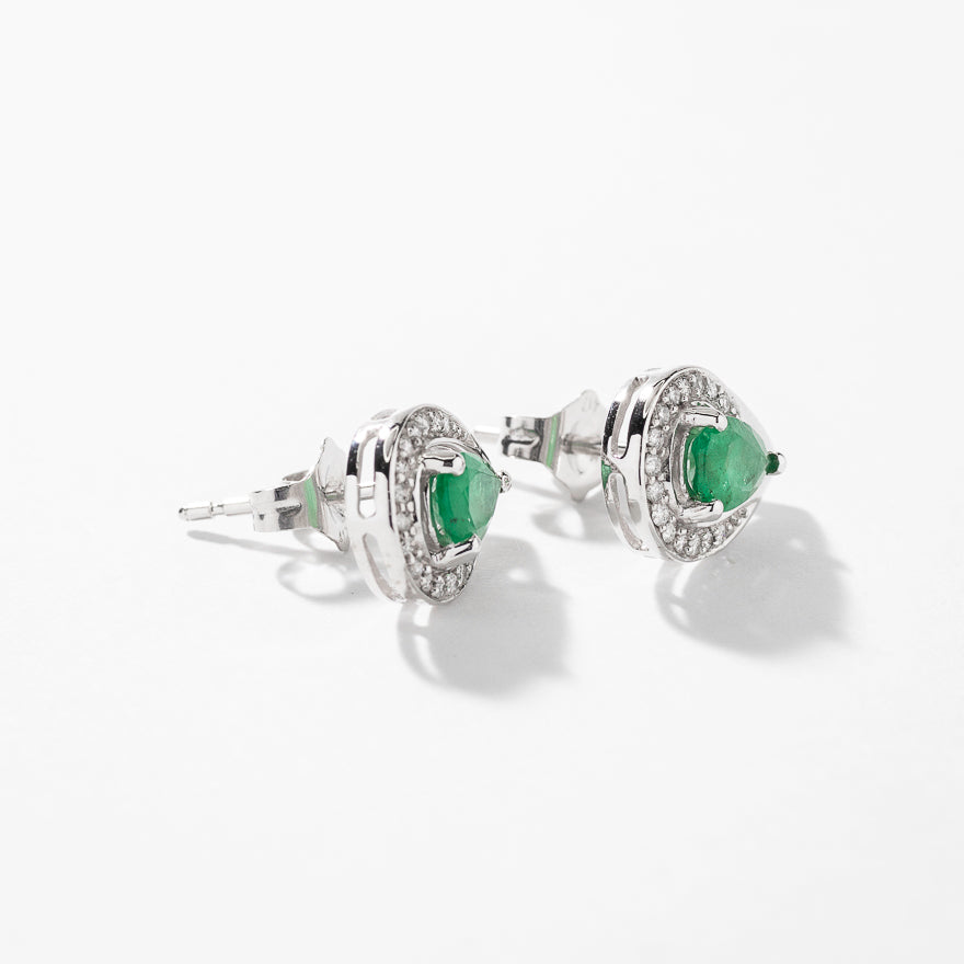 Pear Shape Emerald and Diamond Earrings in 10K White Gold