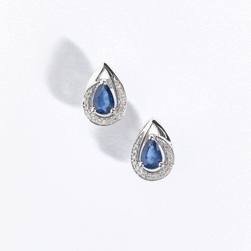 Pear Shape Sapphire and Diamond Earrings in 10K White Gold