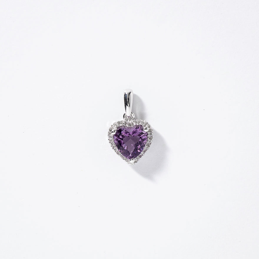 Heart Shaped Amethyst and Diamond Pendant in 14K White Gold